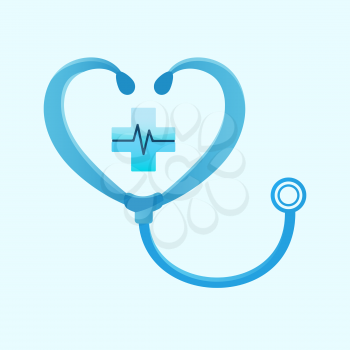 Medical phonendoscope logo with cross, heart shape, diagnostics concept, vector, eps 10