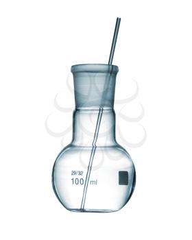 Chemical flat bottomed flask with a glass rod, isolated on white background, studio shot, closeup