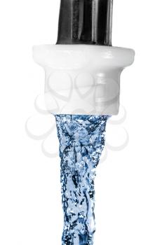 Blue water flowing from the tap, isolated on white background, studio shot