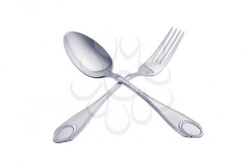 Silver spoon and fork isolated on white background, studio shot, high depth of field