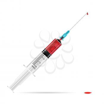 Realistic medical syringe with blood sample inside, 3d vector illustration isolated on white background, eps 10