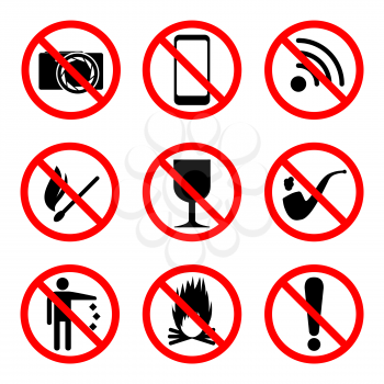 Prohibitory icons set, 9 signs, 2d vector, eps 8