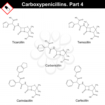 Chemical structures of carboxypenicillins - ticarcillin, temocillin, carbenicillin, carindacillin, carfecillin, fourth part, 2d vector on white background, eps 8