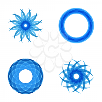 Four abstract segmented radial patterns, blue color, flower and circle shapes, 2d mosaic vector illustration, eps 10