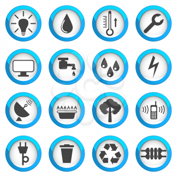 Utilities icon set, 16 signs, 2d vector illustrations on blue round pads, eps 10