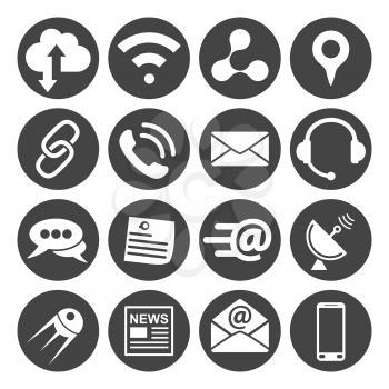 Connection and communication icons set, 16 vector signs on dark round pad, eps 8