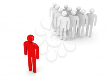 Group of schematic people and one opposite red person on white background with soft shadow. 3d illustration concept