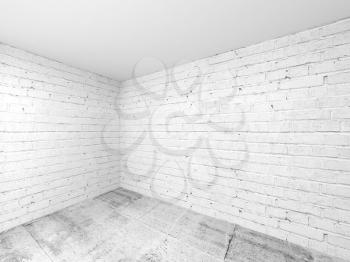 Empty white 3d room interior background, corner with brick walls and concrete floor