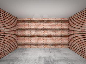Empty room interior with red brick walls. Front view, 3d background with perspective effect