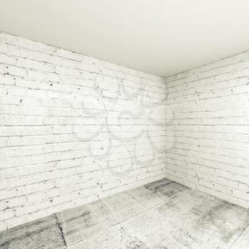 Empty 3d room interior background, corner with white brick walls and concrete floor