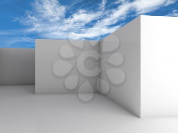 Abstract architectural 3d background with white empty room interior under cloudy blue sky