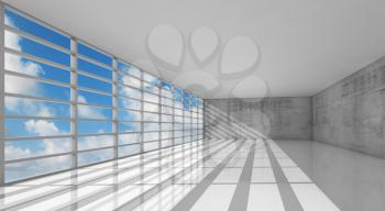 Abstract modern architecture, empty white interior with windows and gray concrete walls, 3d illustration with blue sky background