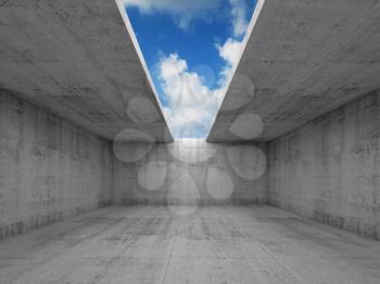 Abstract architecture, empty concrete room interior with opening in ceiling, 3d illustration, blue sky background