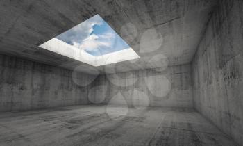 Abstract architecture background, empty dark concrete room interior with window in ceiling, 3d illustration with cloudy sky outside