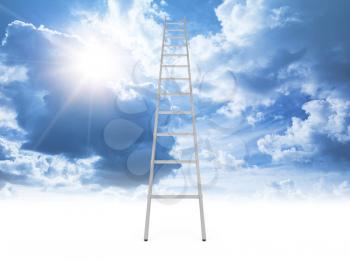 Metal ladder goes to the cloudy sky with shining sun from clear white background, 3d illustration