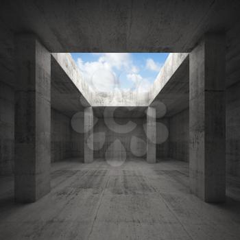 Abstract architecture 3d illustration, dark concrete room interior with columns and empty window opening in ceiling, blue sky outside