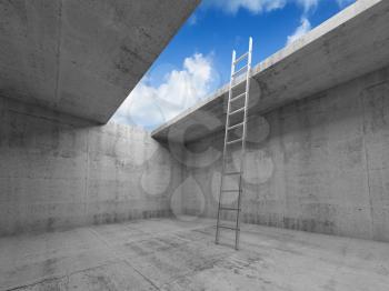 Metal ladder goes up to the sky out from the empty concrete room interior, 3d illustration