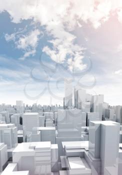 Abstract digital white cityscape with tall skyscrapers and office buildings under cloudy sky, 3d illustration