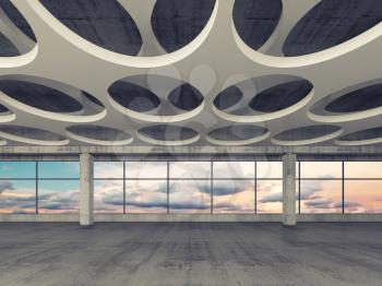 Empty concrete interior background with round holes pattern on ceiling and colorful cloudy sky outside, 3d illustration