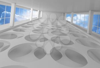 Empty white interior background with round holes on floor and blue cloudy sky outside, 3d illustration