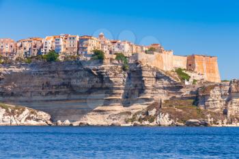 Old living houses and fortress on the cliff. Bonifacio, Corsica island, France