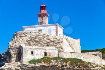 La Madonetta lighthouse. Entrance to Bonifacio port, Corsica island, France