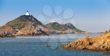 Isles Sanguinaires with white lighthouses, small archipelago near Ajaccio, Corsica, France