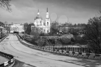Monochrome landscape with St. Catherine Cathedral of Kingisepp town, Russia