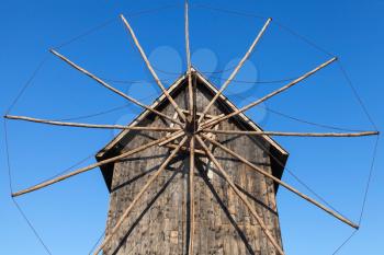 Ancient wooden windmill, the most popular landmark of old Nessebar town, Bulgaria