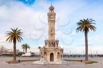 Empty Konak Square view with historical clock tower. It was built in 1901 and accepted as the official symbol of Izmir City, Turkey
