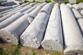 A lot of ruined ancient columns lay in a row. Smyrna. Izmir, Turkey