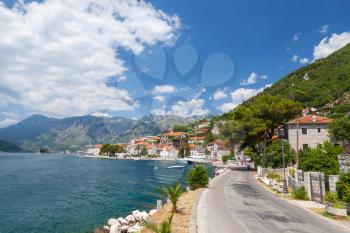 Main coastal road in old Perast, Bay of Kotor, Montenegro