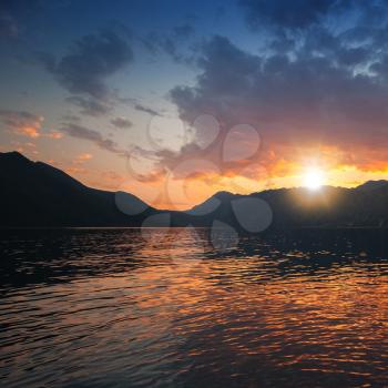 Colorful sunset on Adriatic Sea, Kotor Bay, Montenegro