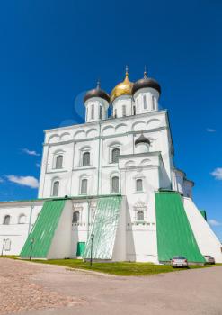 Classical Russian ancient religious architecture example. Trinity Cathedral located since 1589 in Pskov Krom or Kremlin. Orthodox Church facade
