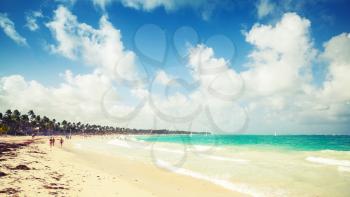 Caribbean landscape. Atlantic ocean coast, Dominican republic. Punta Cana. Vintage toned effect, old style photo filter