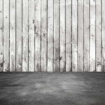 Empty grungy abstract interior, square background photo. Old white wooden wall and asphalt floor