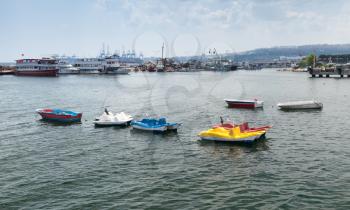 Colorful pleasure boats moored in small port of Avcilar, district of Istanbul, Turkey