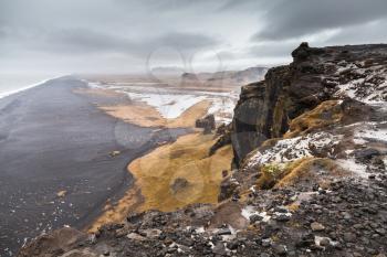 Black sands beach landscape, North Atlantic Ocean coast. Dyrholaey Nature Reserve, south coast of Iceland, Europe