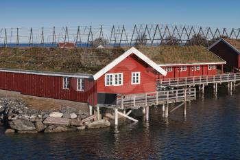 Rural Norwegian landscape, traditional red wooden houses on rocky island. Ringholmen, Norway