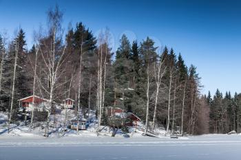 Rural winter landscape with red wooden houses in coastal forest, Finland