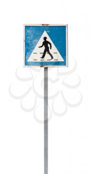 Pedestrian zebra crossing. Old square blue and white road sign on metal pole isolated on white background