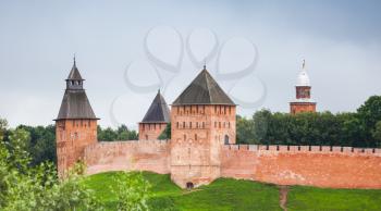 Novgorod Kremlin Detinets. Towers and walls under cloudy sky. It was built between 1484 and 1490. World Heritage Site