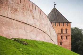 Novgorod Kremlin also known as Detinets. Tower and wall perspective. It was built between 1484 and 1490. World Heritage Site