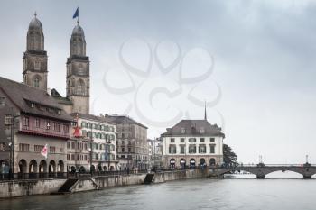 Cityscape of old Zurich with Grossmunster church, Switzerland