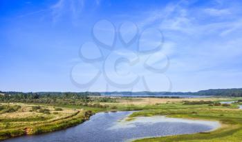 Empty rural Russian landscape. Sorot river in the summer day