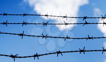 Black barbed wire fence over cloudy blue sky background, close up photo with selective focus