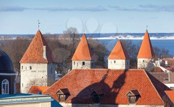 Row of red towers roofs in old Tallinn, Estonia