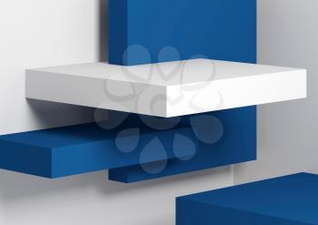 Abstract architectural background with white and blue boxes installation. 3d render illustration