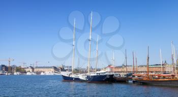 Vintage sailing ships moored in Stockholm city, Sweden