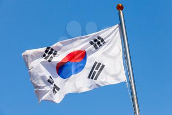 South Korea flag, also known as the Taegukgi waving on a flagpole